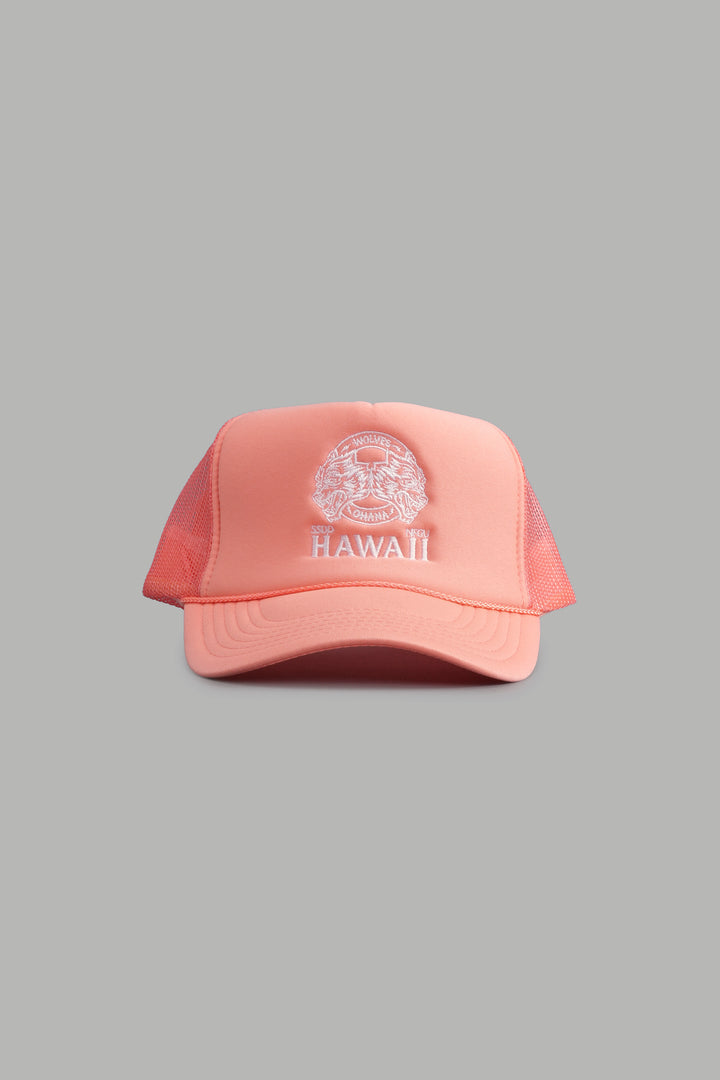 Wolves Ohana Trucker Hat in Neon Coral