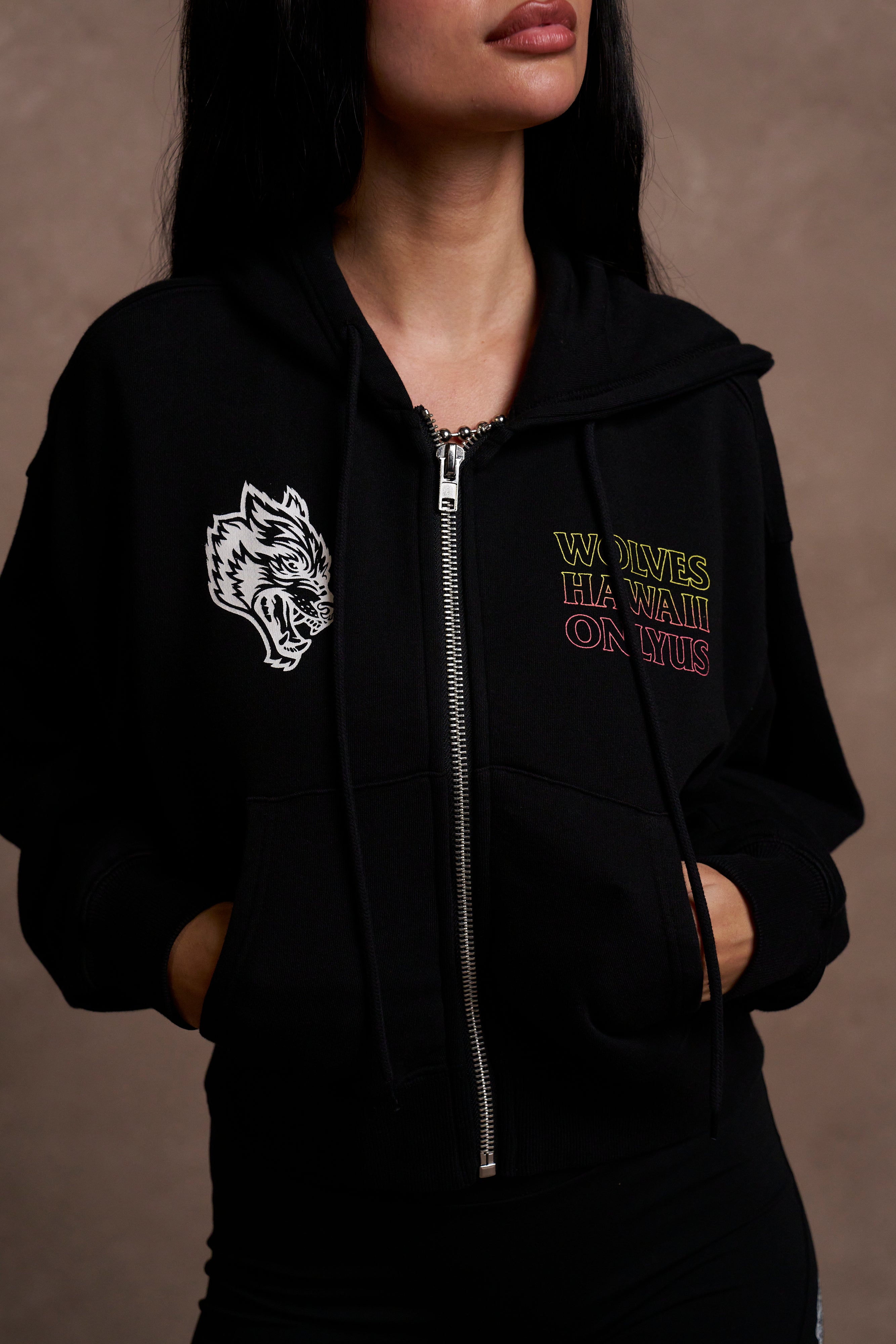 Only Us Hawaii "Sage" (Cropped) Zip Hoodie in Black