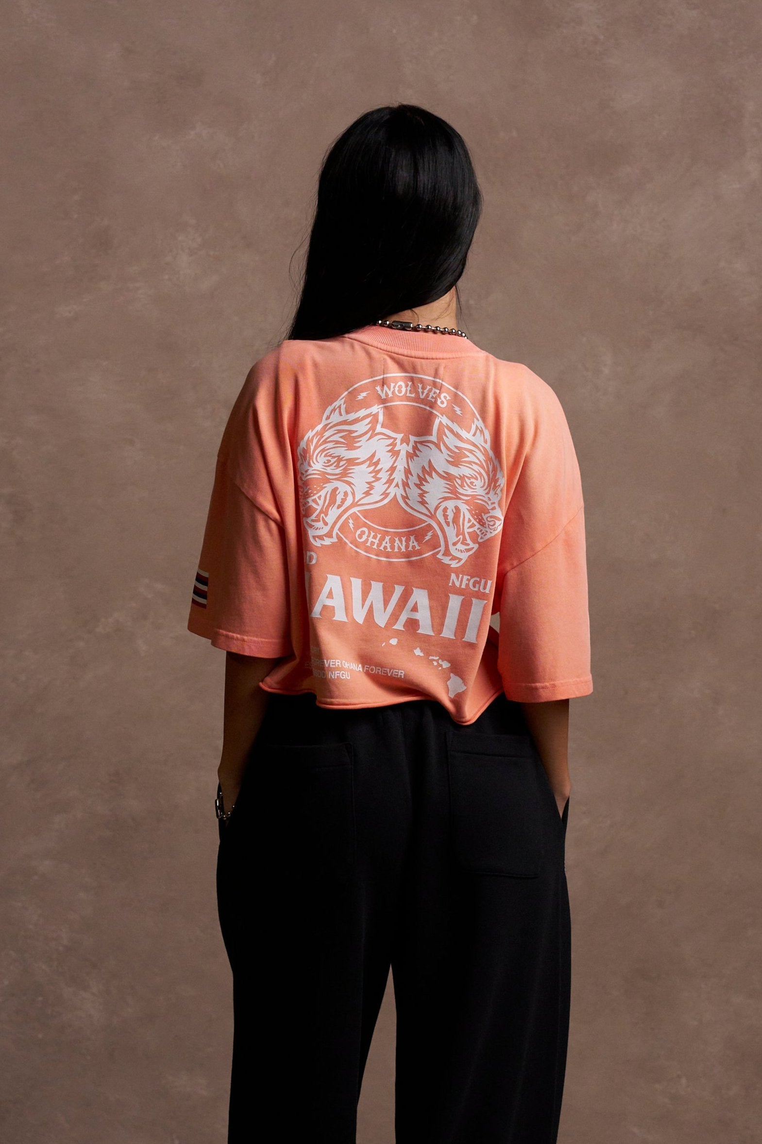 Wolves Ohana "Premium" Oversized (Cropped) Tee in Neon Coral Sun Fade