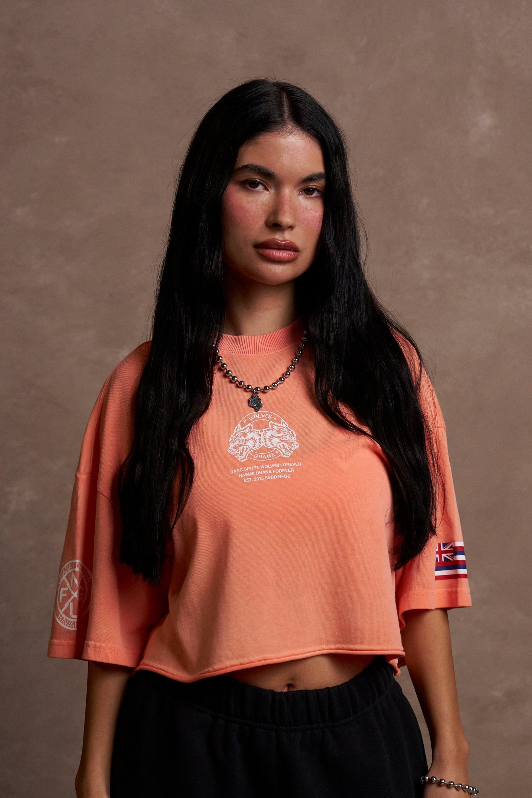 Wolves Ohana "Premium" Oversized (Cropped) Tee in Neon Coral Sun Fade