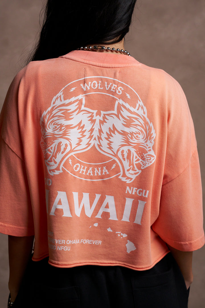 Wolves Ohana "Premium" Oversized (Cropped) Tee in Neon Coral Sun Fade