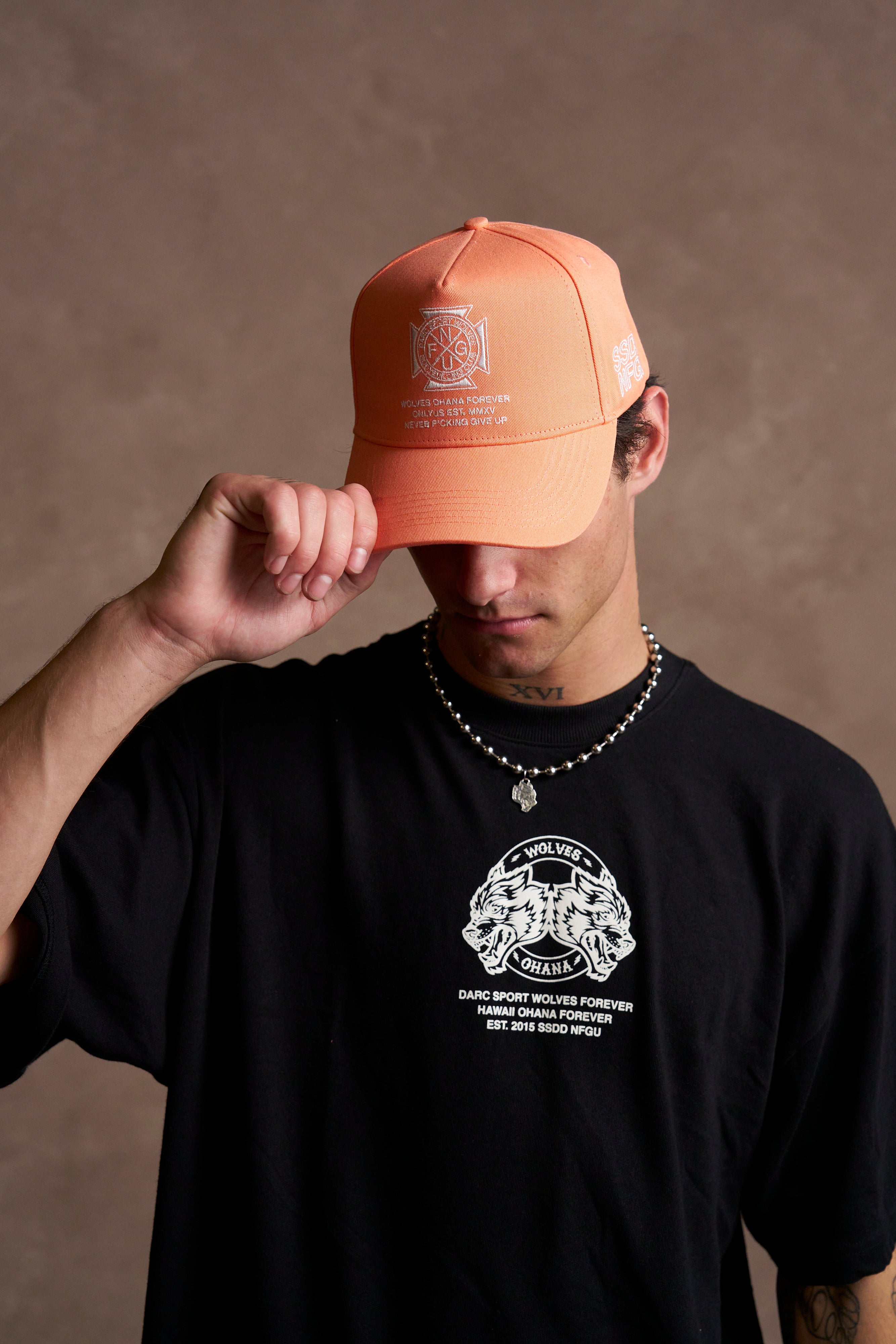 Wolves Run Together 5 Panel Hat in Neon Coral